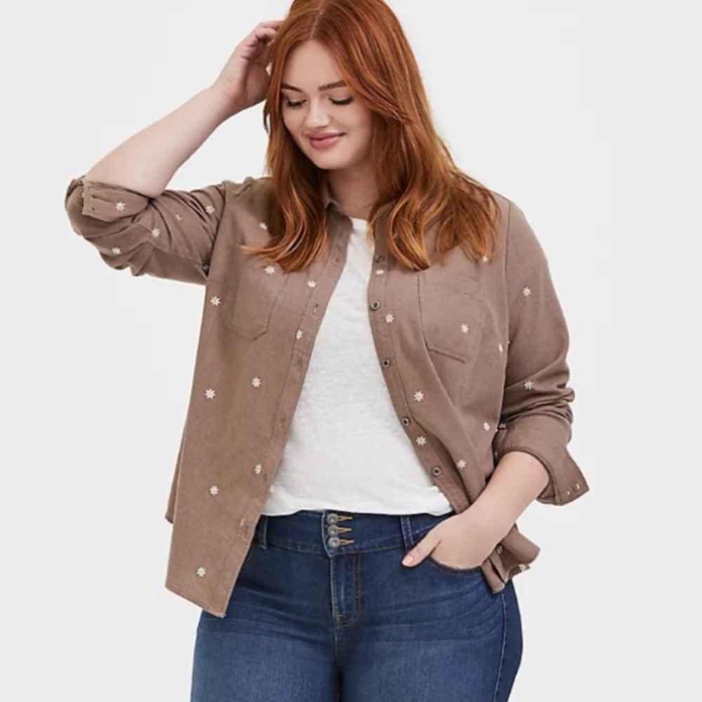 Torrid Taylor Denim Daisy Embroidered Button Down